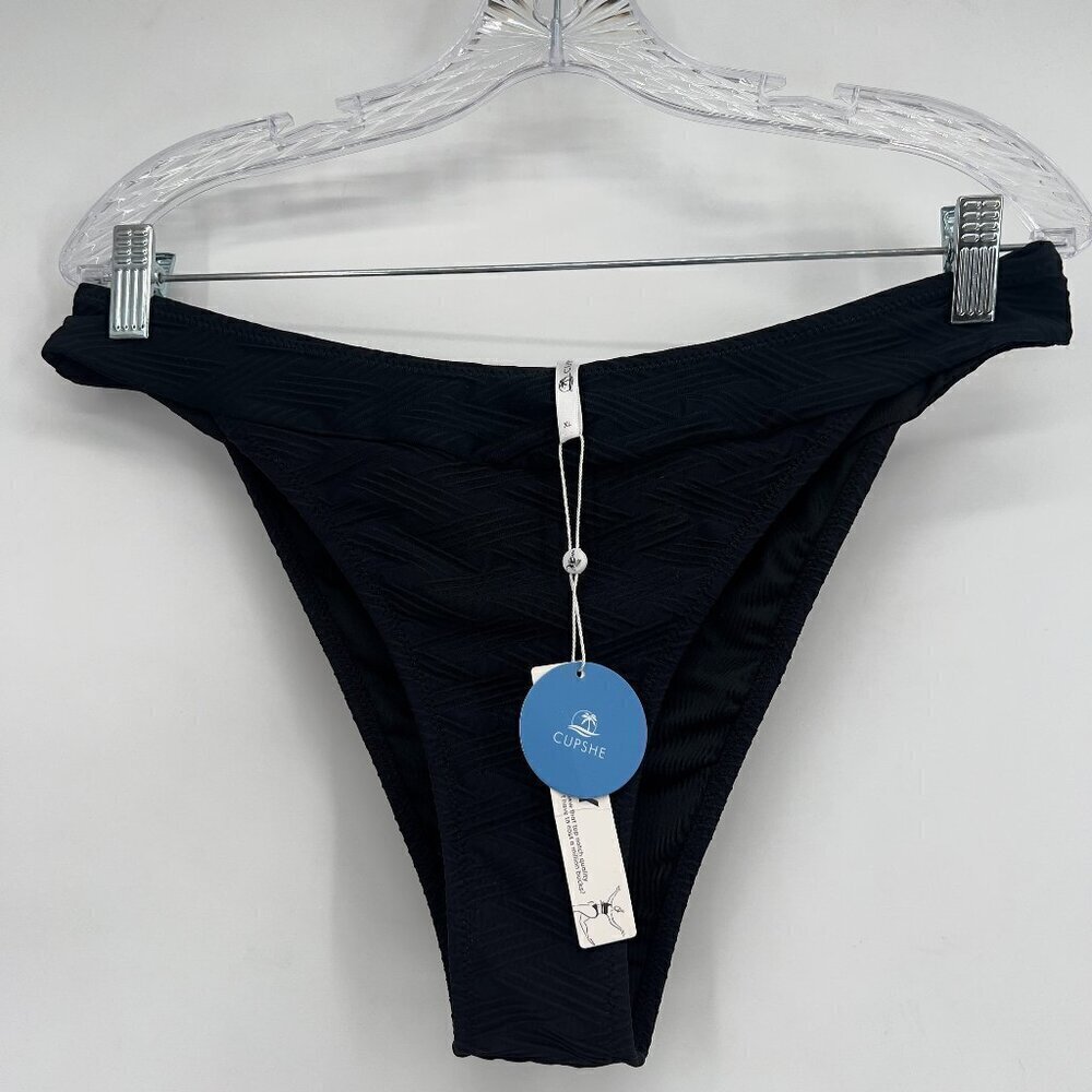 Cupshe Textured Black Bikini Bottoms XL High Cut NWT